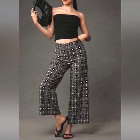 Anthropologie Maeve Ettie High Rise Crop wide leg pant Black white Pattern - Picture 1 of 5